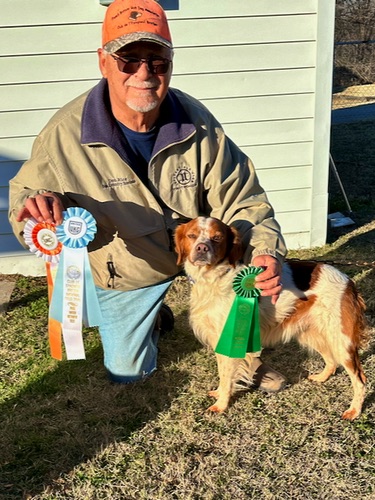 Teddy with his ribbons for 3rd Place show for his class, Water Retrieve Test and Open Solo